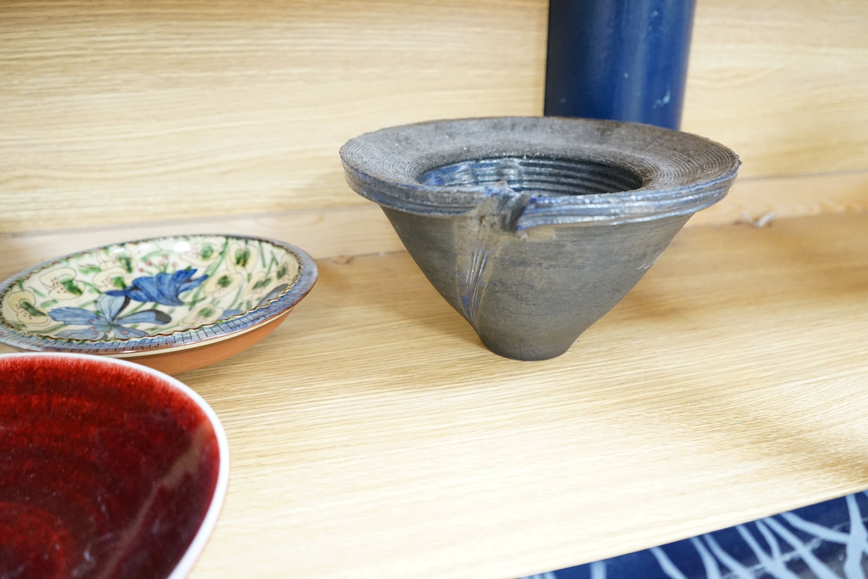 A group of studio pottery vases and dishes to include- 35cm